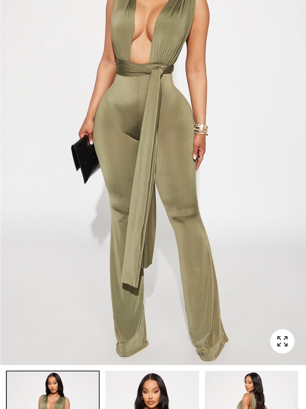 Olive Green Sleeveless Plunge Jumpsuit with Waist Tie